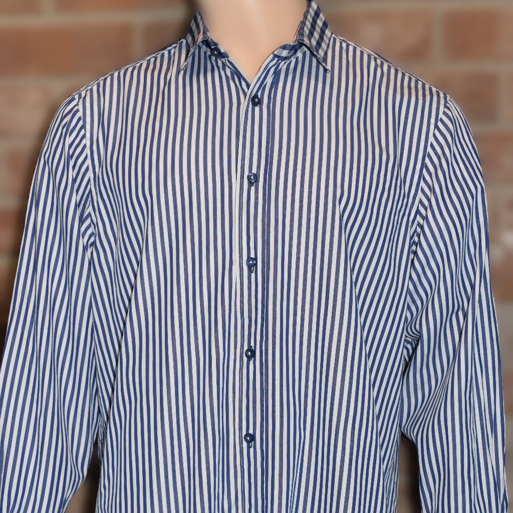 BriO Milano Shirt Men XL Extra Large 17.5/18 Blue White Striped Contemporary Fit